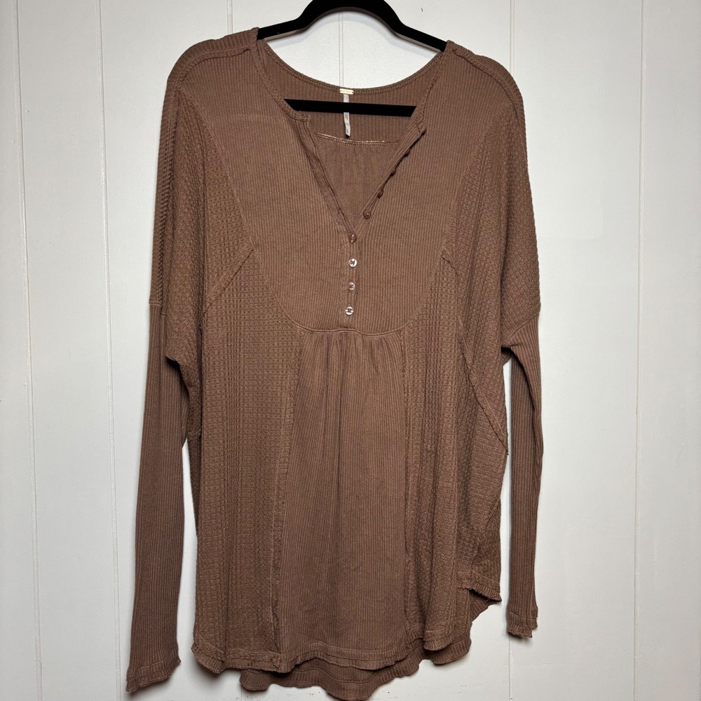 Free People Leo Henley Brown Waffle Knit Top Oversized Mixed Ribbed Thermal Boho